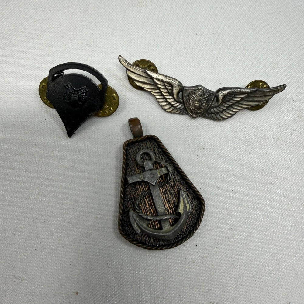 Vintage Military Nautical Lot Fort 1979 Anchor Pendant Pilot Wings Army Pin